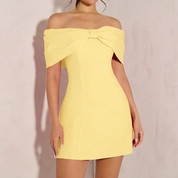 Yellow Elegant Women's Off Shoulder Bowknot Cocktail Mini Dress - Picture 7 of 7